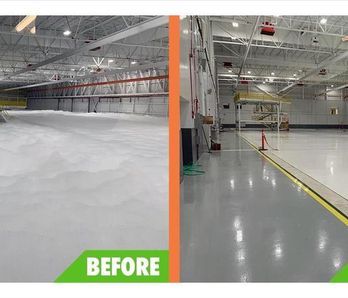 The after picture shows the same hangar after SERVPRO professionals extracted all of the foam and cleaned the facility. 